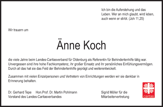 Anzeige von Änne Koch von OM-Medien