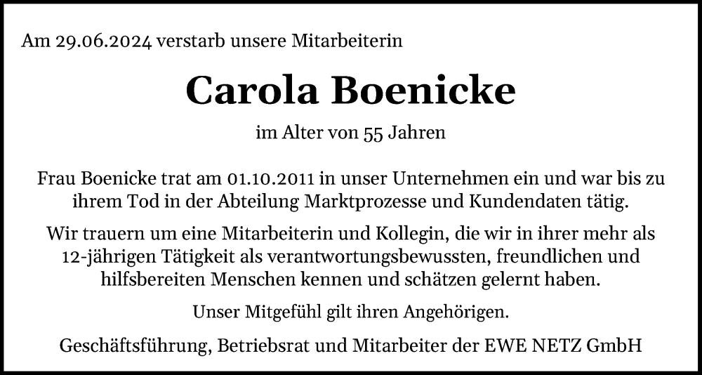  Traueranzeige für Carola Boenicke vom 20.07.2024 aus OM-Medien