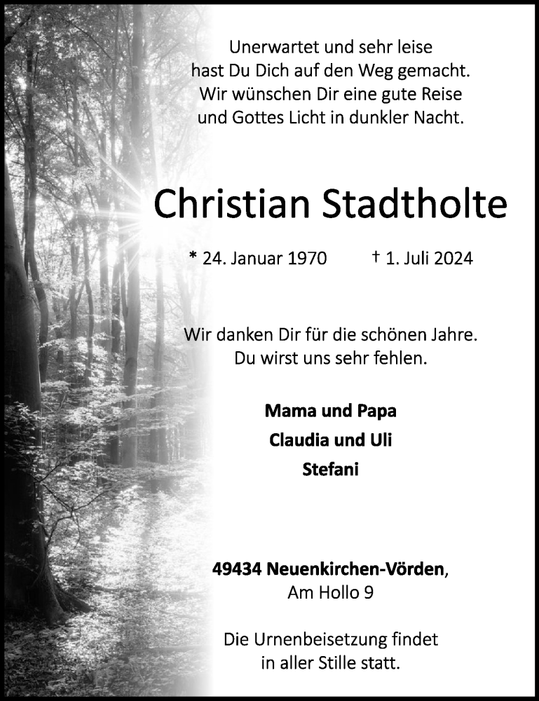  Traueranzeige für Christian Stadtholte vom 06.07.2024 aus OM-Medien