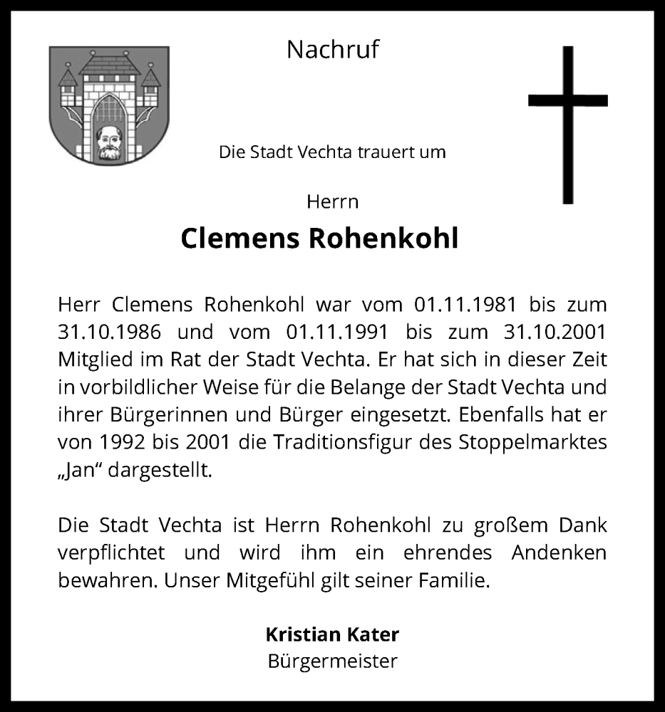  Traueranzeige für Clemens Rohenkohl vom 03.07.2024 aus OM-Medien