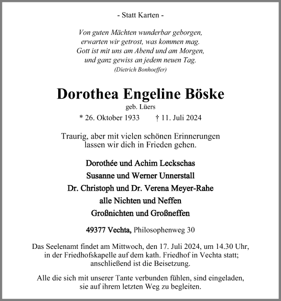 Anzeige von Dorothea Engeline Böske von OM-Medien