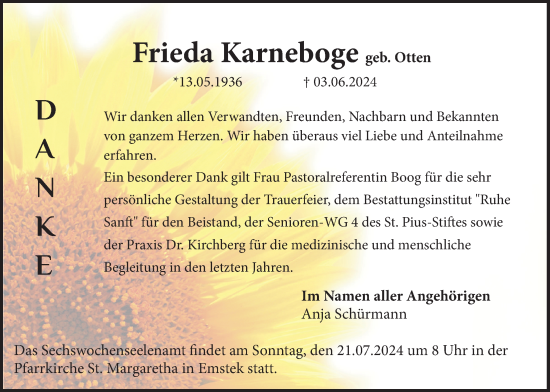 Anzeige von Frieda Karneboge von OM-Medien