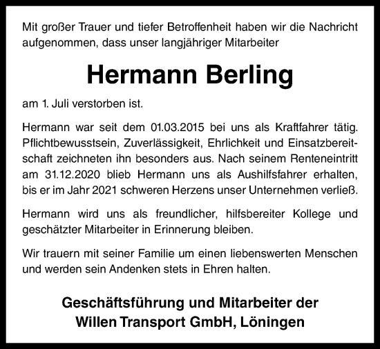 Anzeige von Hermann Berling von OM-Medien