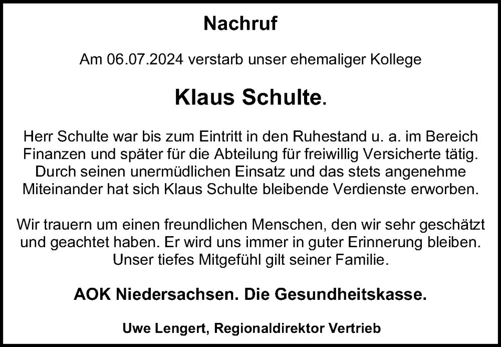  Traueranzeige für Klaus Schulte vom 16.07.2024 aus OM-Medien