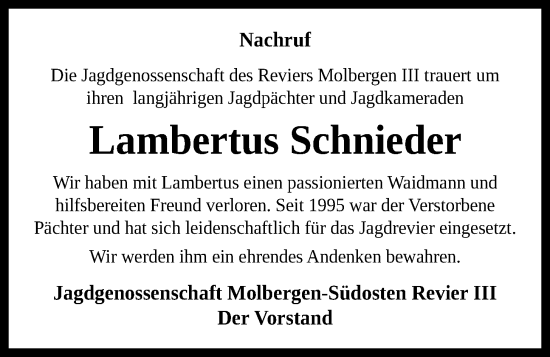 Anzeige von Lambertus Schnieder von OM-Medien