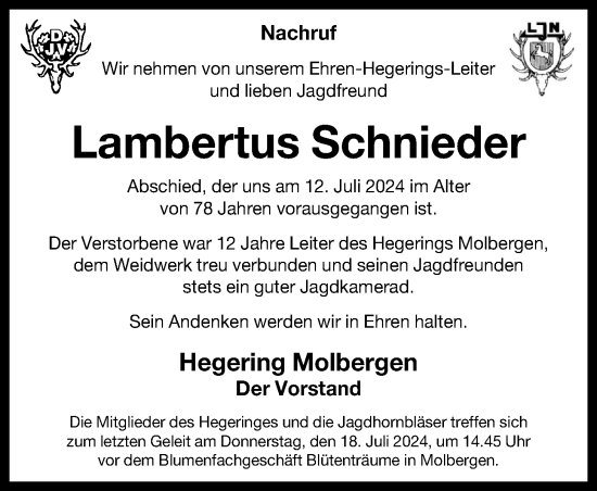 Anzeige von Lambertus Schnieder von OM-Medien