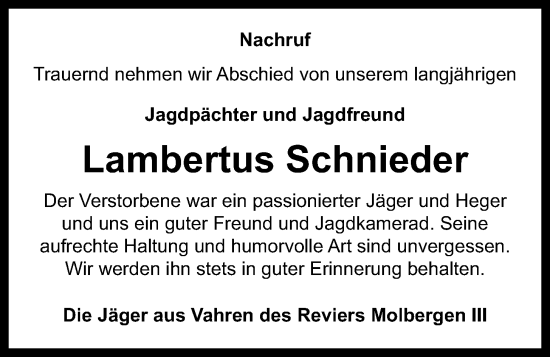 Anzeige von Lambertus Schnieder von OM-Medien