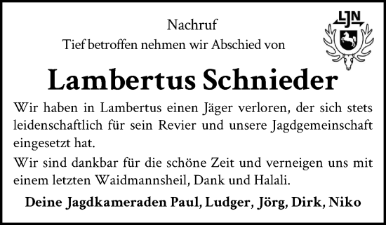 Anzeige von Lambertus Schnieder von OM-Medien