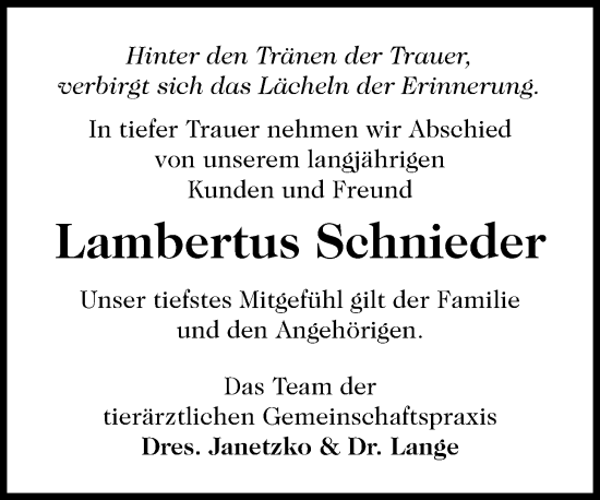 Anzeige von Lambertus Schnieder von OM-Medien