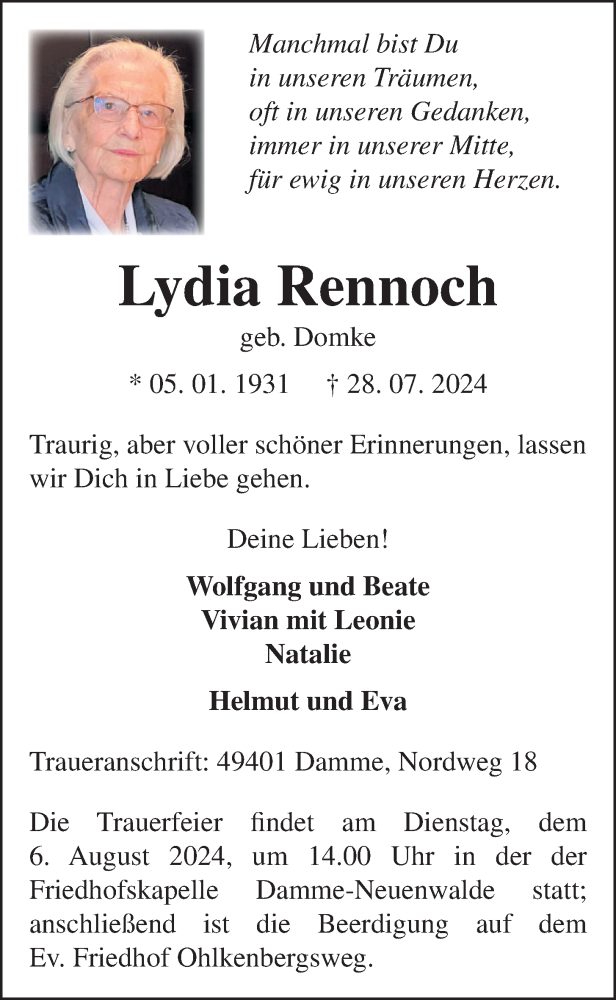  Traueranzeige für Lydia Rennoch vom 30.07.2024 aus OM-Medien