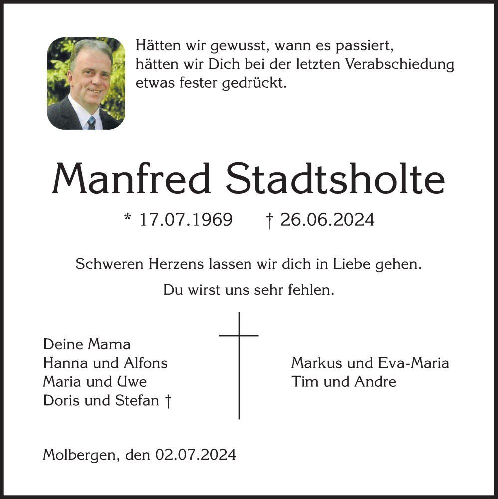  Traueranzeige für Manfred Stadtsholte vom 02.07.2024 aus OM-Medien