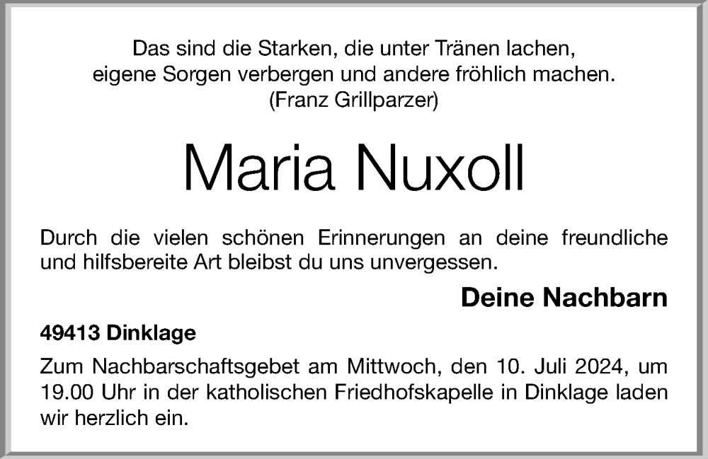  Traueranzeige für Maria Nuxoll vom 05.07.2024 aus OM-Medien