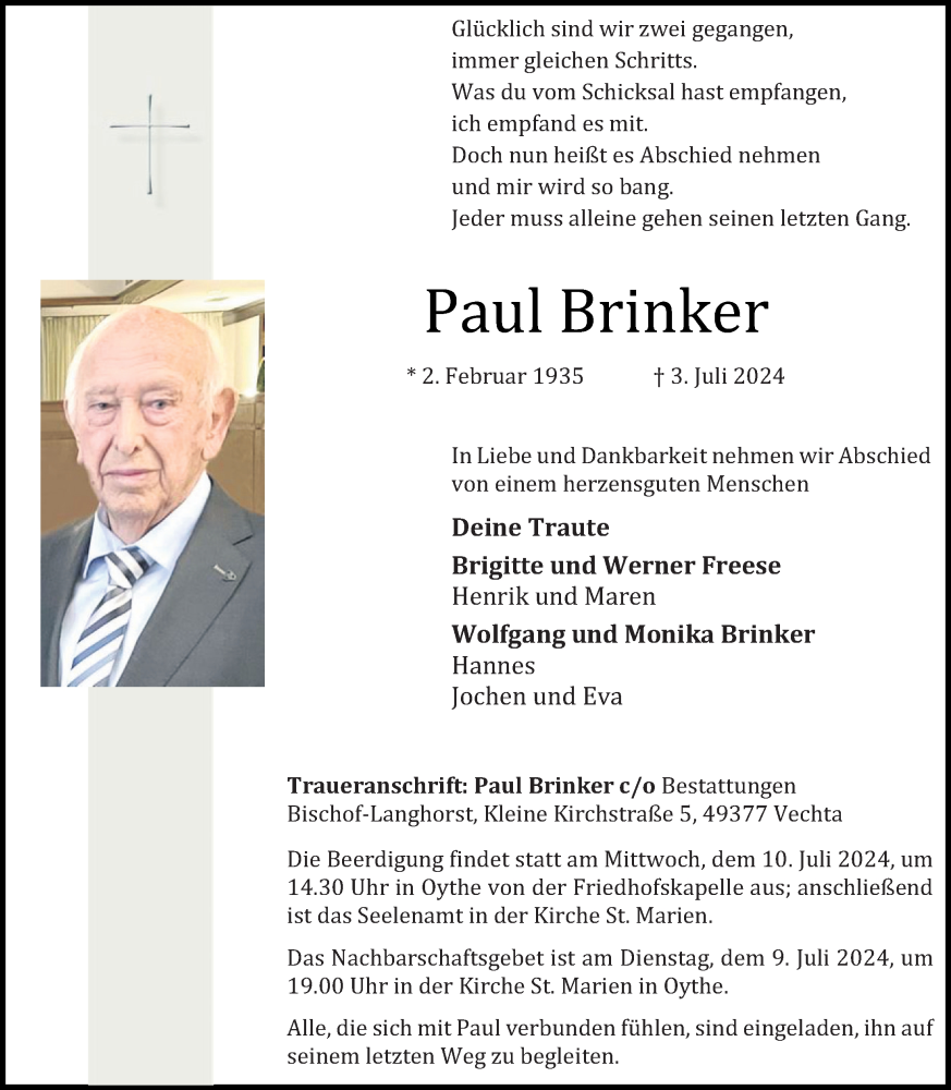  Traueranzeige für Paul Brinker vom 05.07.2024 aus OM-Medien