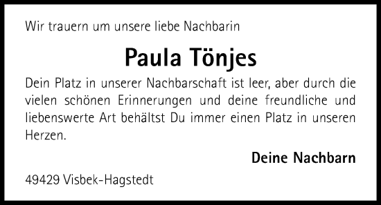 Anzeige von Paula Tönjes von OM-Medien