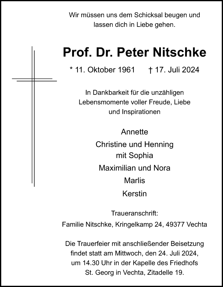  Traueranzeige für Peter Nitschke vom 20.07.2024 aus OM-Medien