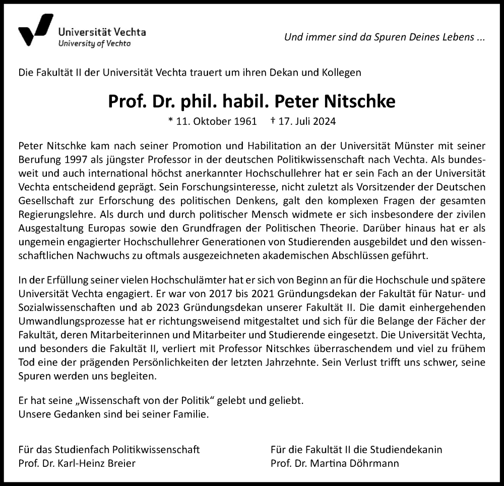  Traueranzeige für Peter Nitschke vom 23.07.2024 aus OM-Medien