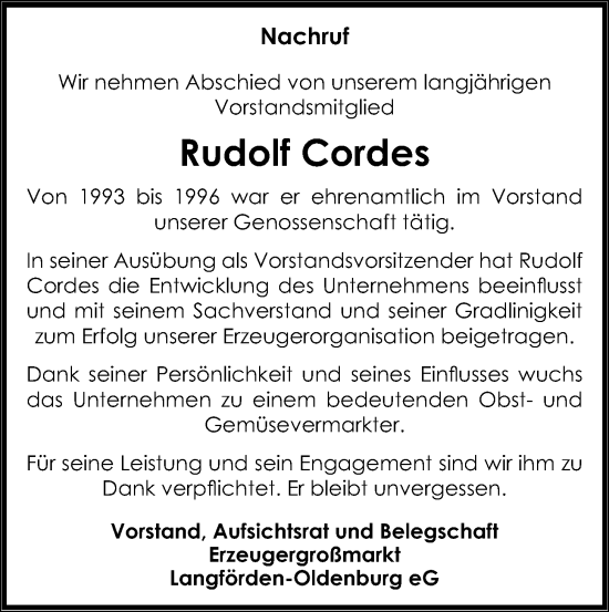 Anzeige von Rudolf Cordes von OM-Medien