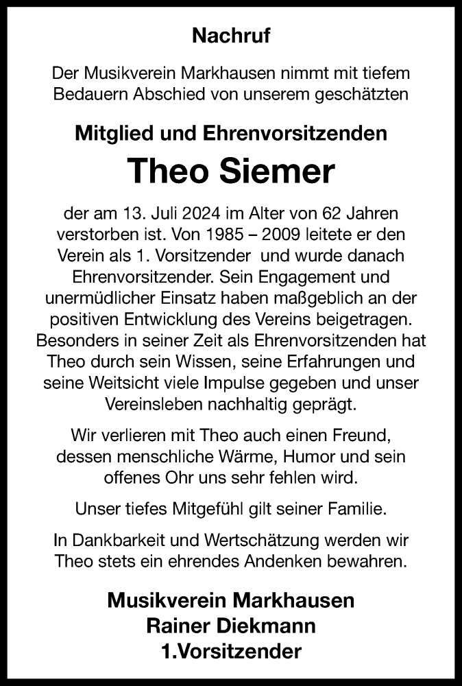  Traueranzeige für Theo Siemer vom 17.07.2024 aus OM-Medien