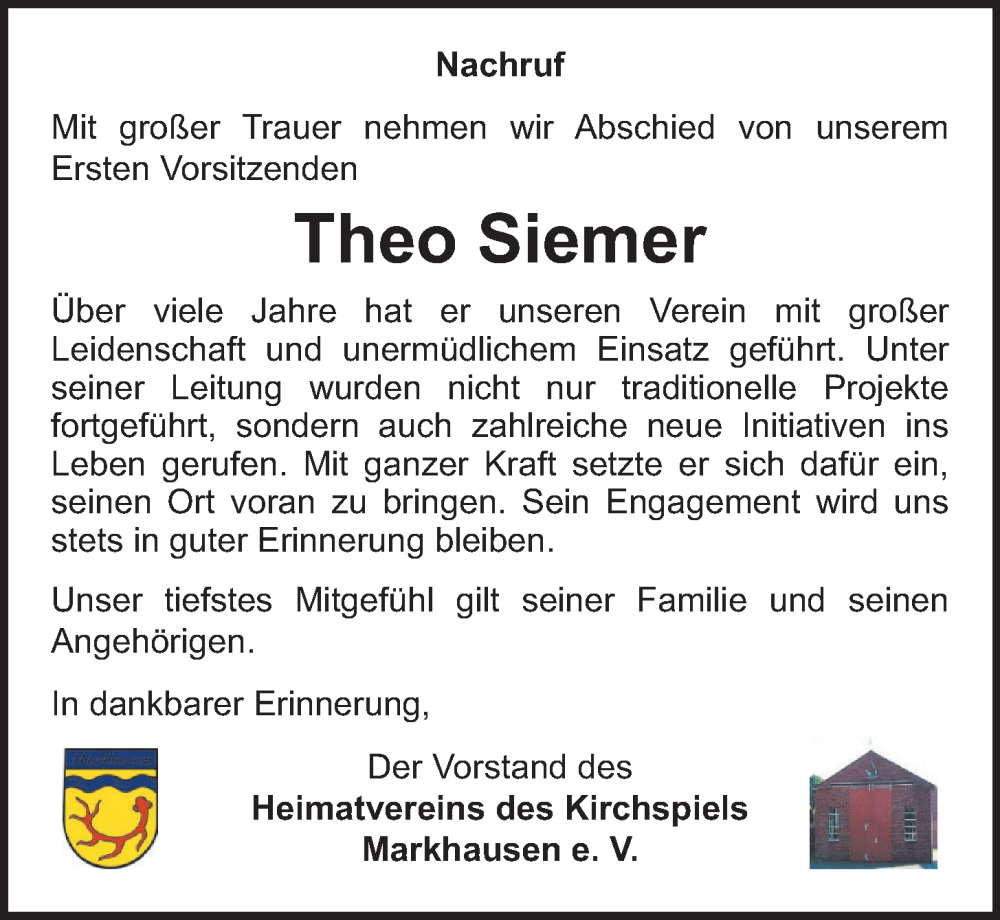  Traueranzeige für Theo Siemer vom 16.07.2024 aus OM-Medien