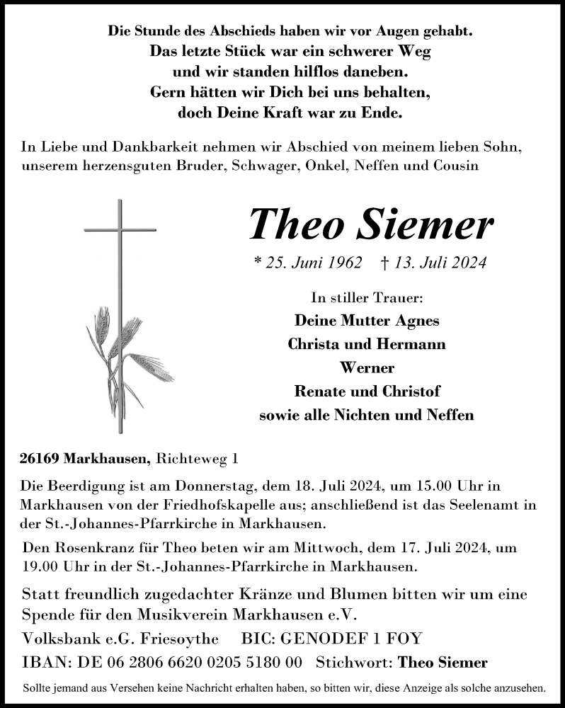  Traueranzeige für Theo Siemer vom 16.07.2024 aus OM-Medien