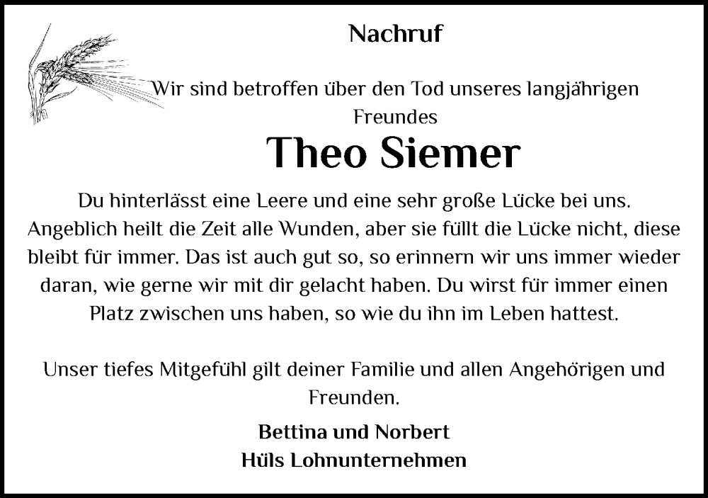  Traueranzeige für Theo Siemer vom 17.07.2024 aus OM-Medien