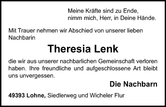 Anzeige von Theresia Lenk von OM-Medien