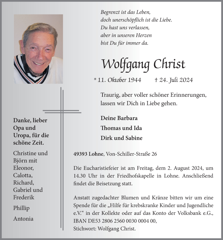  Traueranzeige für Wolfgang Christ vom 27.07.2024 aus OM-Medien