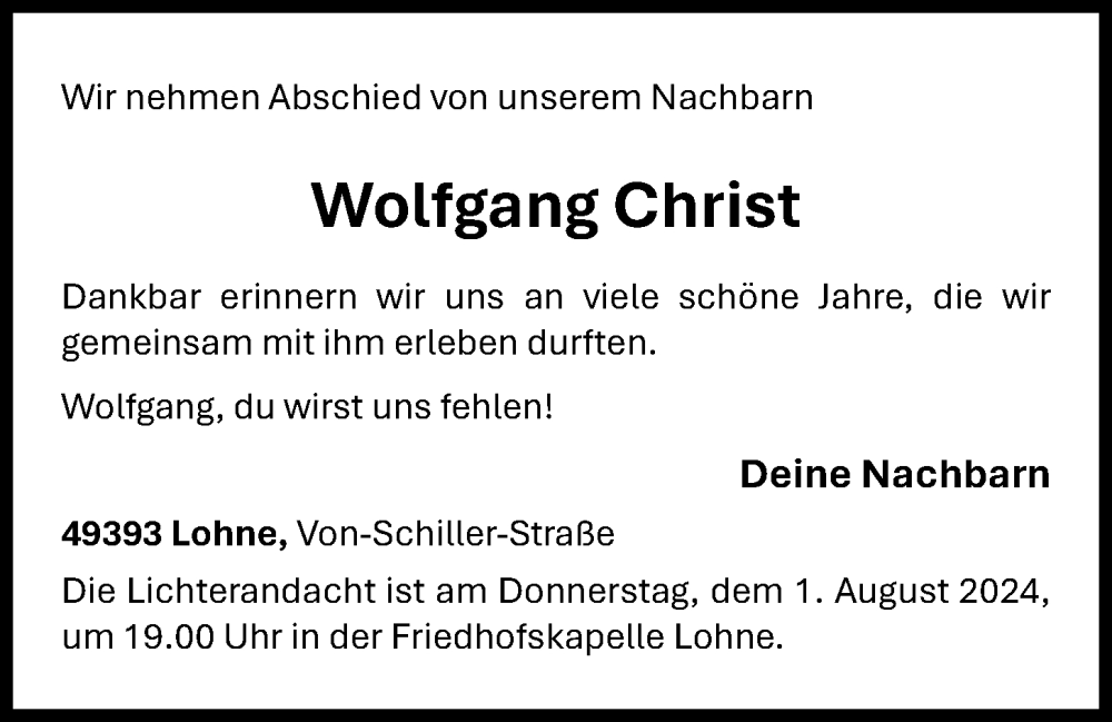  Traueranzeige für Wolfgang Christ vom 29.07.2024 aus OM-Medien