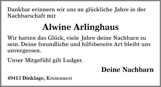 Anzeige von Alwine Arlinghaus von OM-Medien