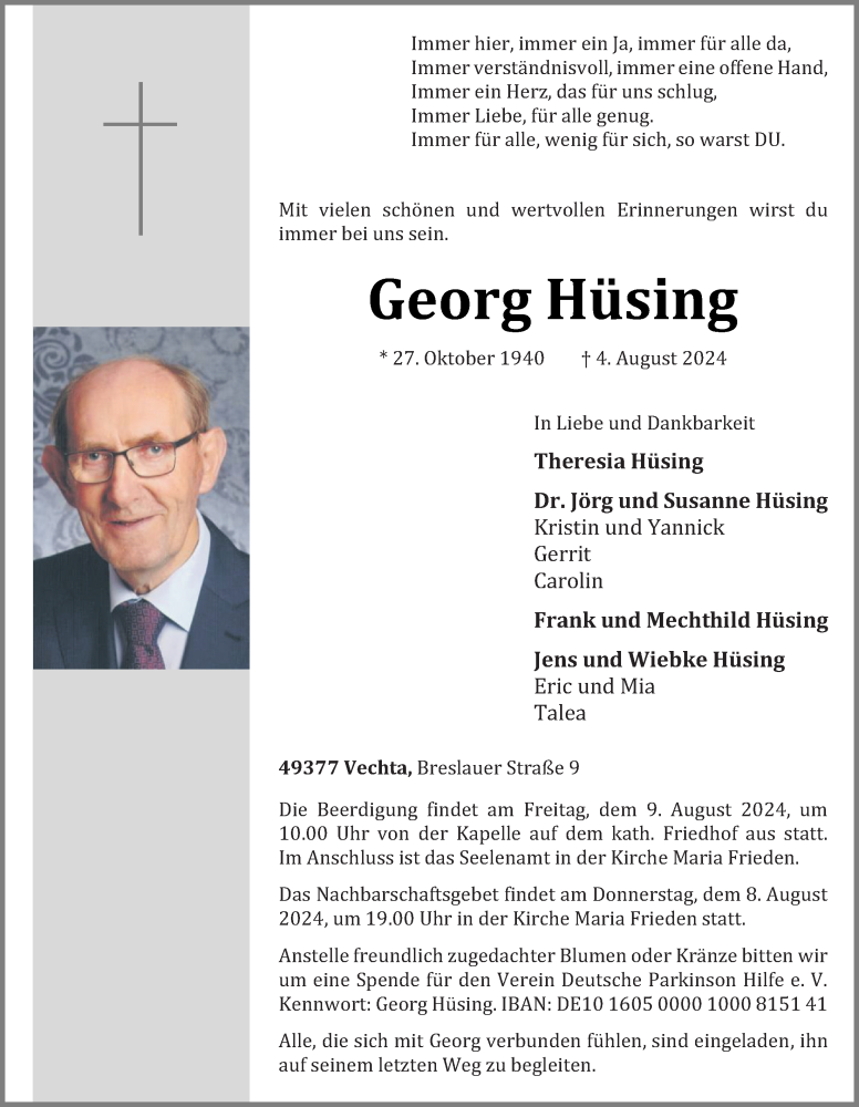  Traueranzeige für Georg Hüsing vom 07.08.2024 aus OM-Medien