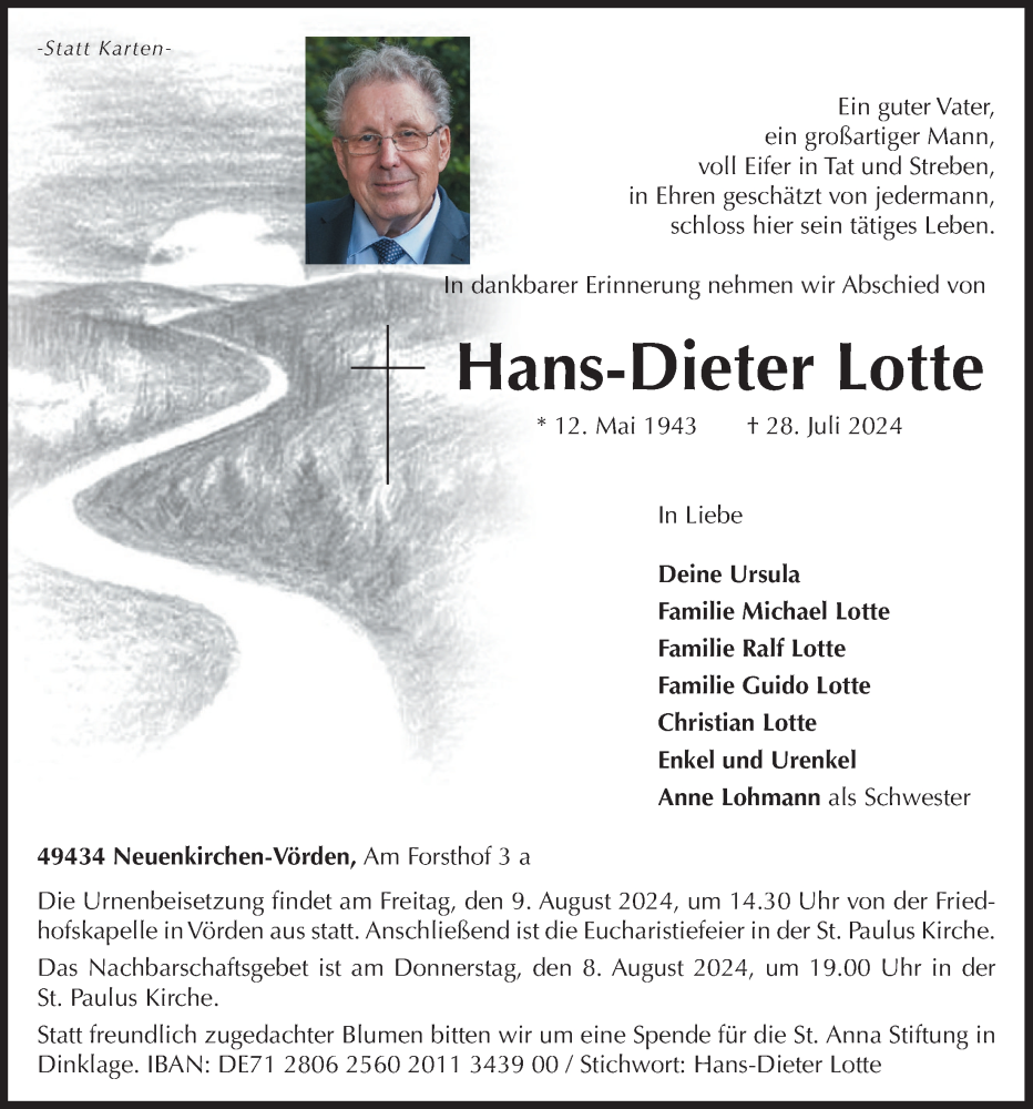  Traueranzeige für Hans-Dieter Lotte vom 31.07.2024 aus OM-Medien