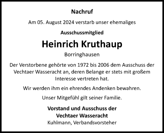 Anzeige von Heinrich Kruthaup von OM-Medien