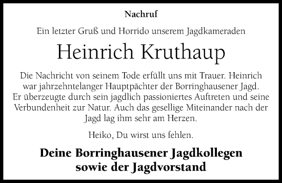 Anzeige von Heinrich Kruthaup von OM-Medien