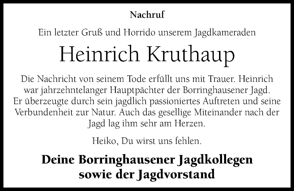  Traueranzeige für Heinrich Kruthaup vom 07.08.2024 aus OM-Medien