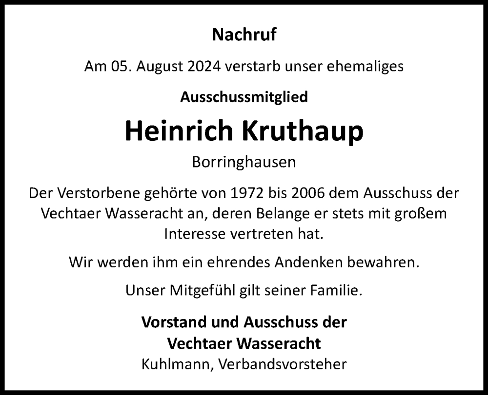  Traueranzeige für Heinrich Kruthaup vom 07.08.2024 aus OM-Medien