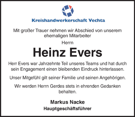 Anzeige von Heinz Evers von OM-Medien