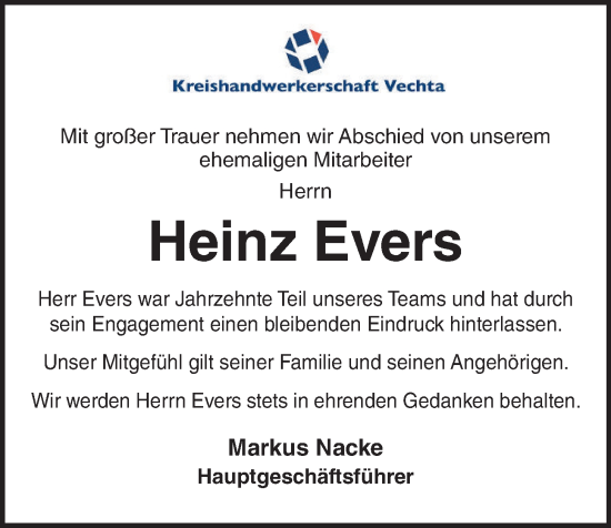 Anzeige von Heinz Evers von OM-Medien