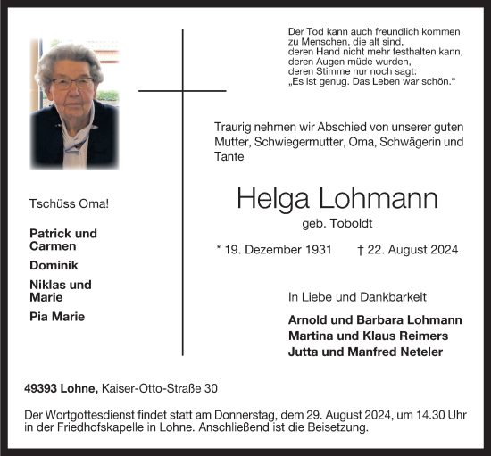 Anzeige von Helga Lohmann von OM-Medien