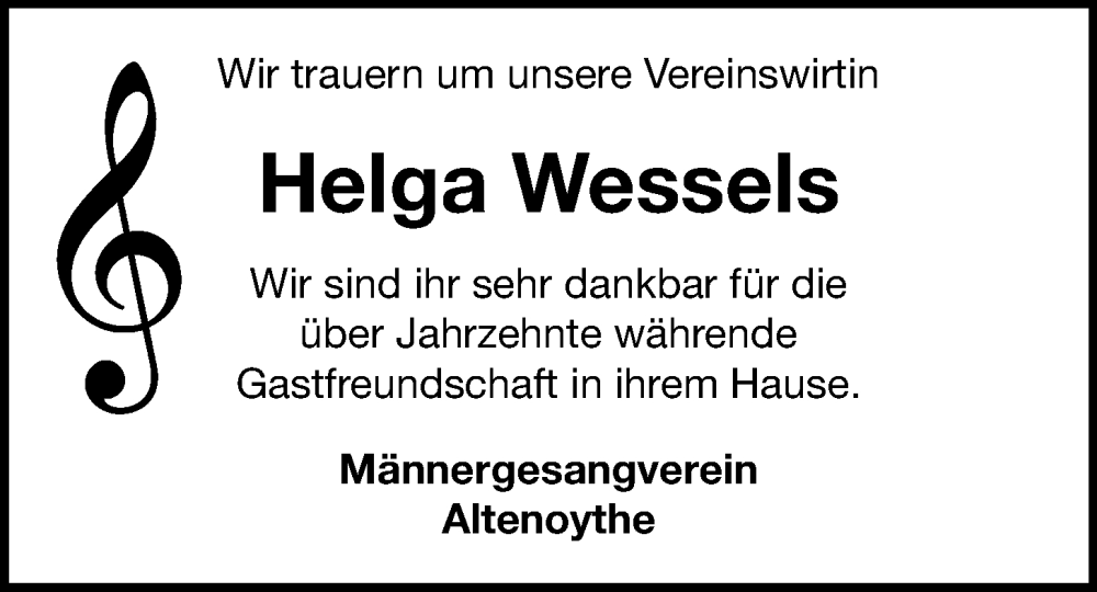  Traueranzeige für Helga Wessels vom 08.08.2024 aus OM-Medien