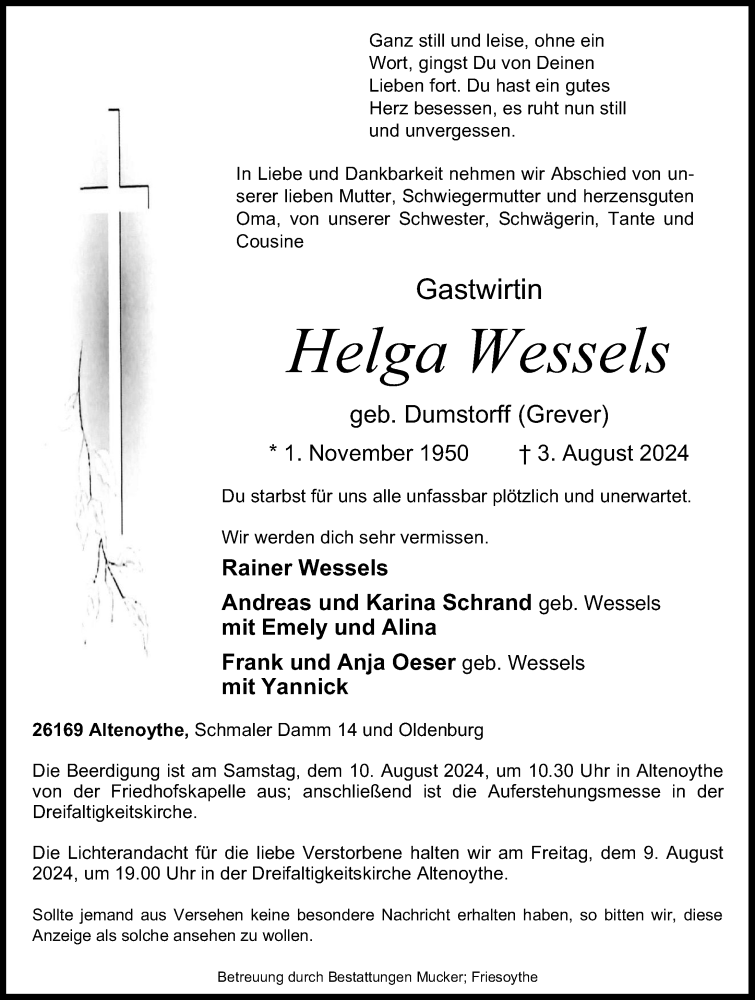  Traueranzeige für Helga Wessels vom 07.08.2024 aus OM-Medien