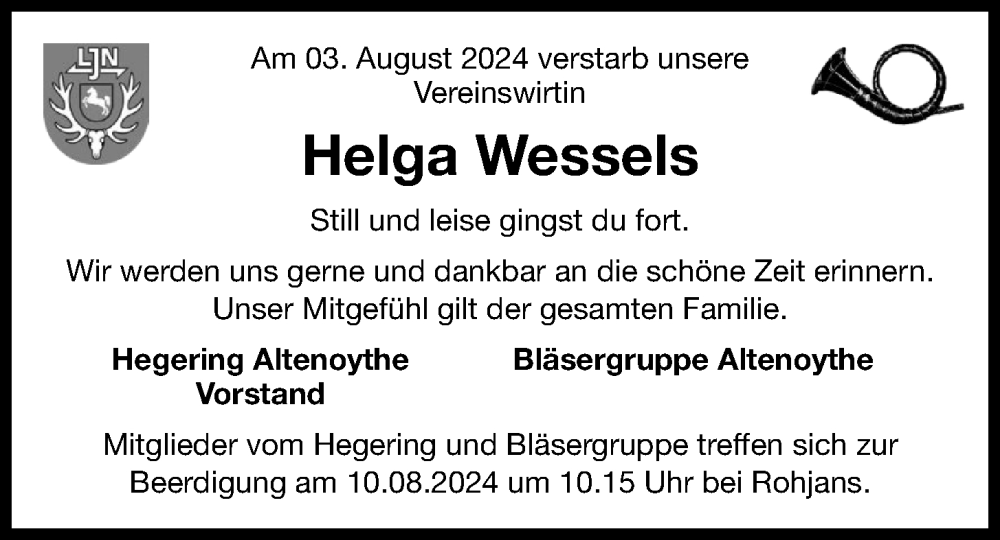  Traueranzeige für Helga Wessels vom 08.08.2024 aus OM-Medien