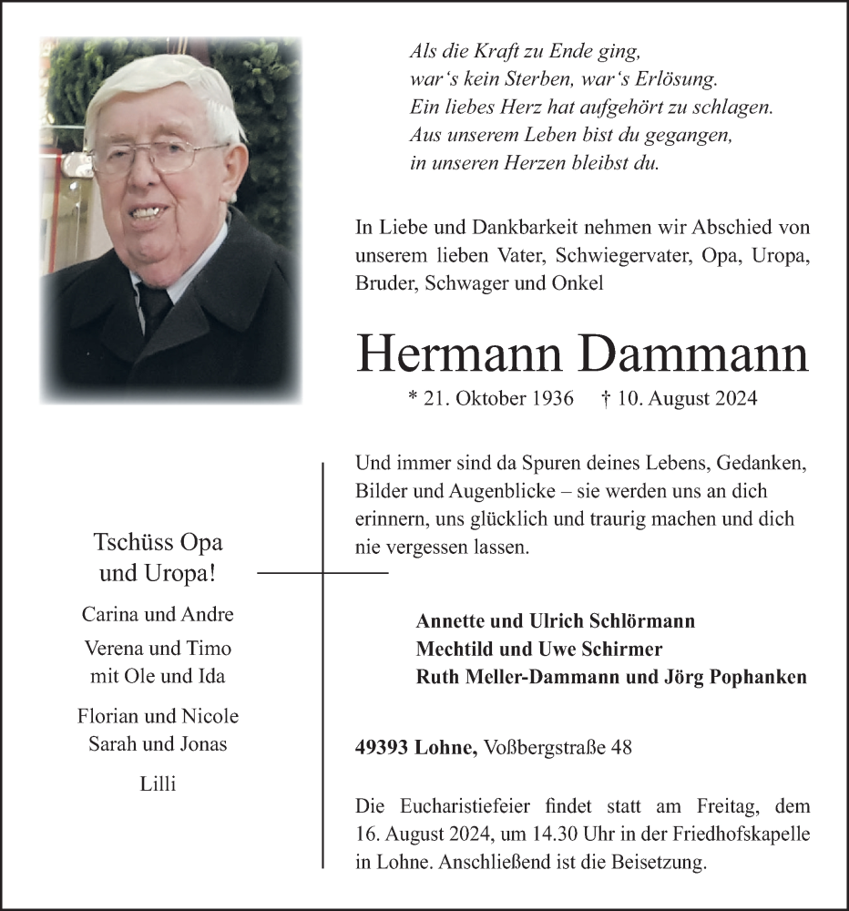  Traueranzeige für Hermann Dammann vom 13.08.2024 aus OM-Medien