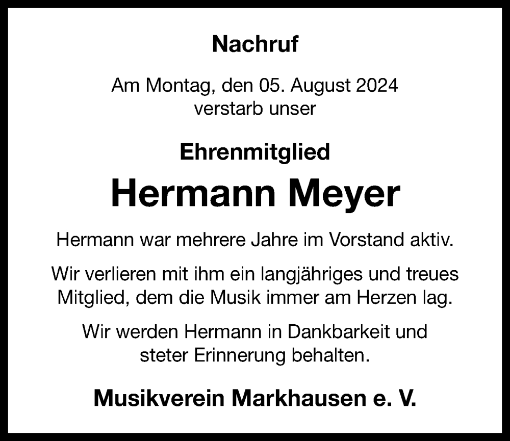  Traueranzeige für Hermann Meyer vom 07.08.2024 aus OM-Medien