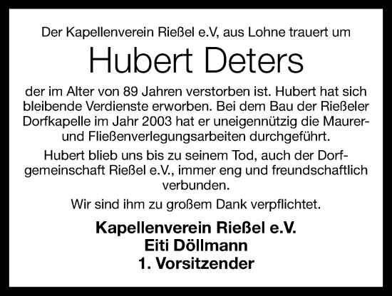 Anzeige von Hubert Deters von OM-Medien