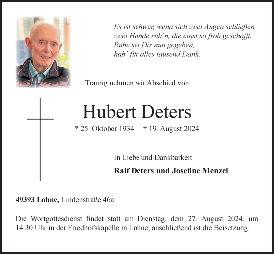 Anzeige von Hubert Deters von OM-Medien