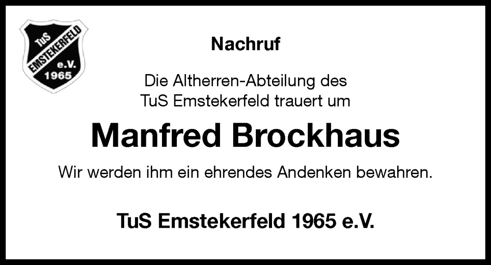  Traueranzeige für Manfred Brockhaus vom 28.08.2024 aus OM-Medien