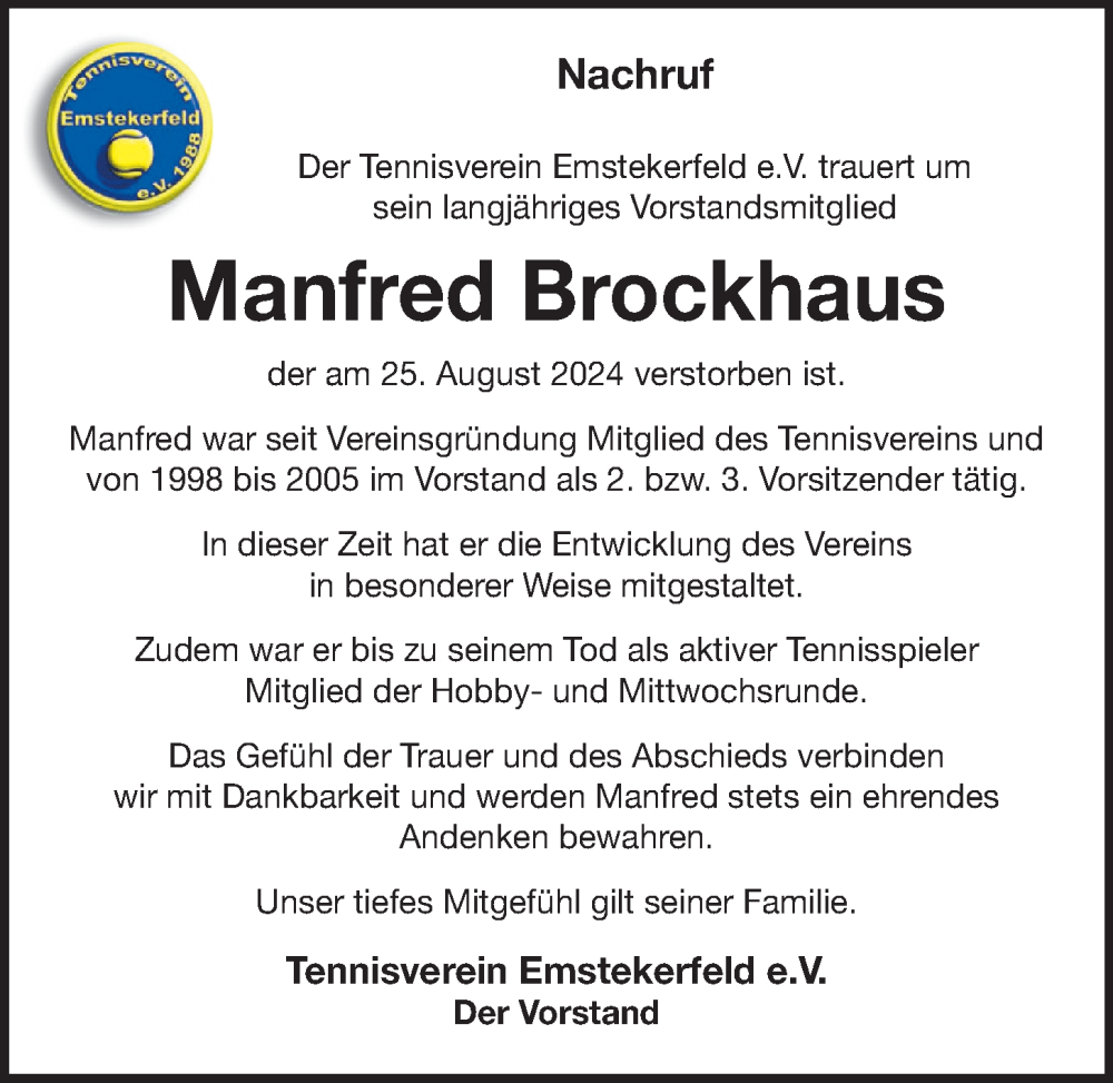  Traueranzeige für Manfred Brockhaus vom 28.08.2024 aus OM-Medien