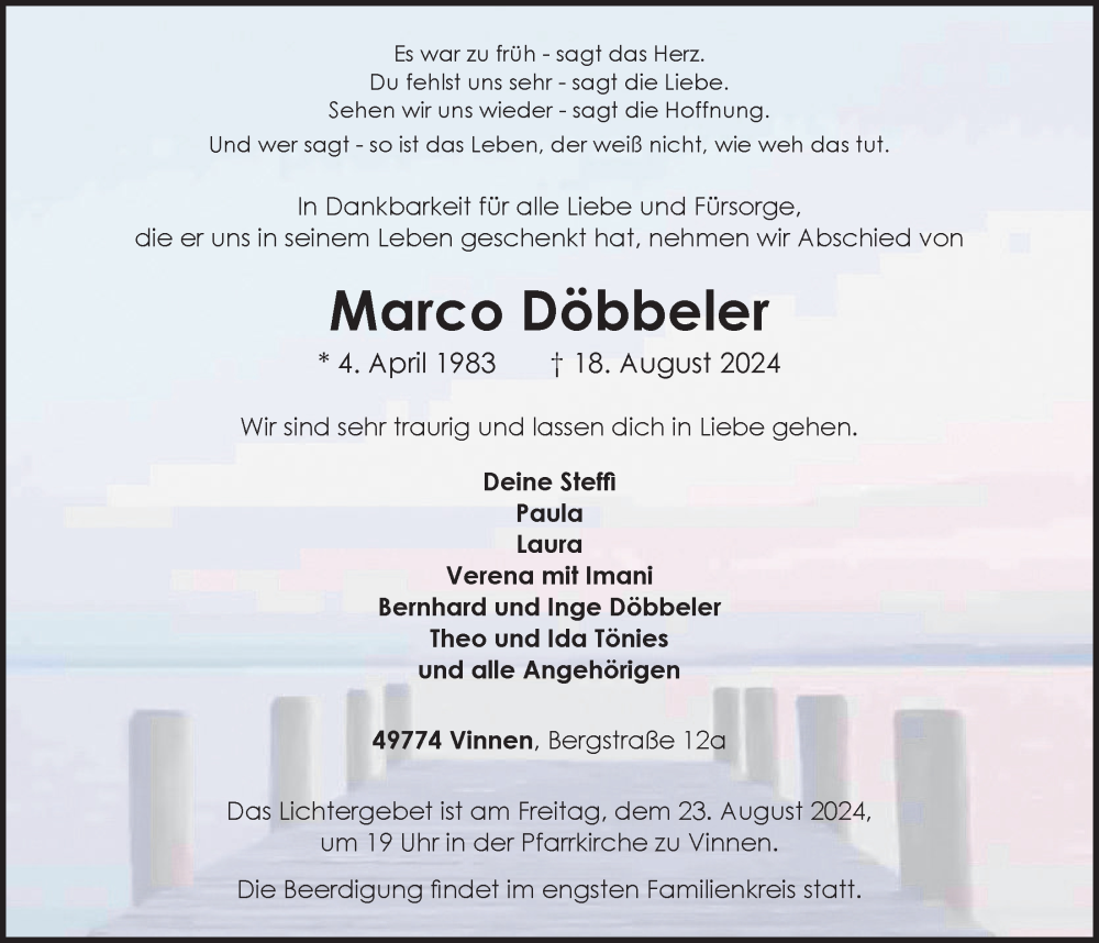  Traueranzeige für Marco Döbbeler vom 21.08.2024 aus OM-Medien