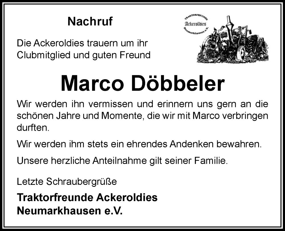  Traueranzeige für Marco Döbbeler vom 21.08.2024 aus OM-Medien