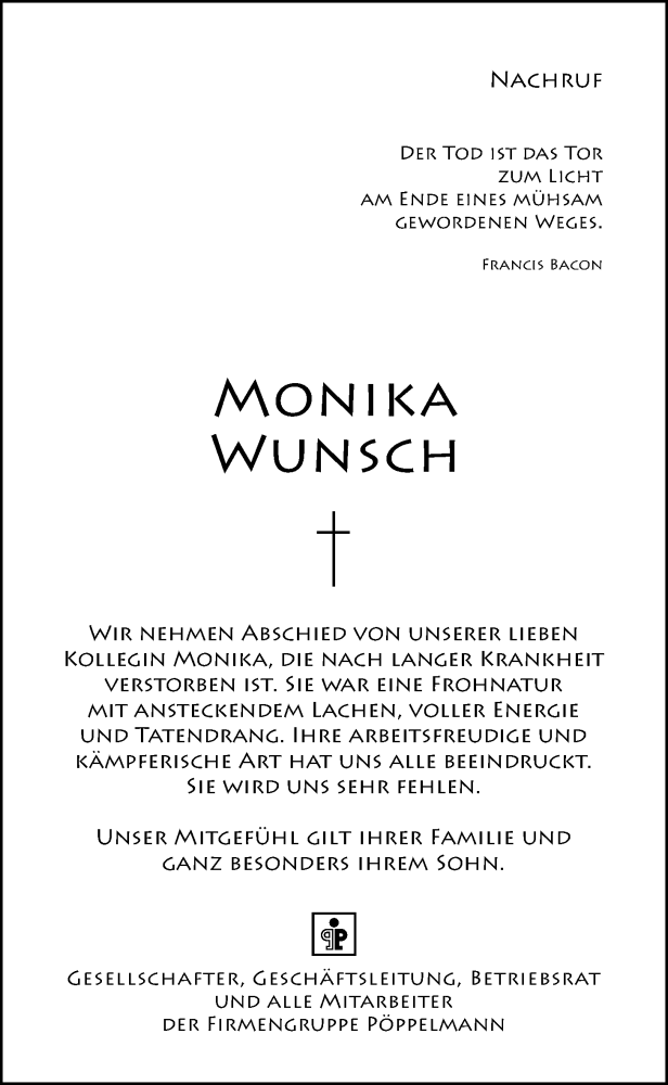  Traueranzeige für Monika Wunsch vom 16.08.2024 aus OM-Medien